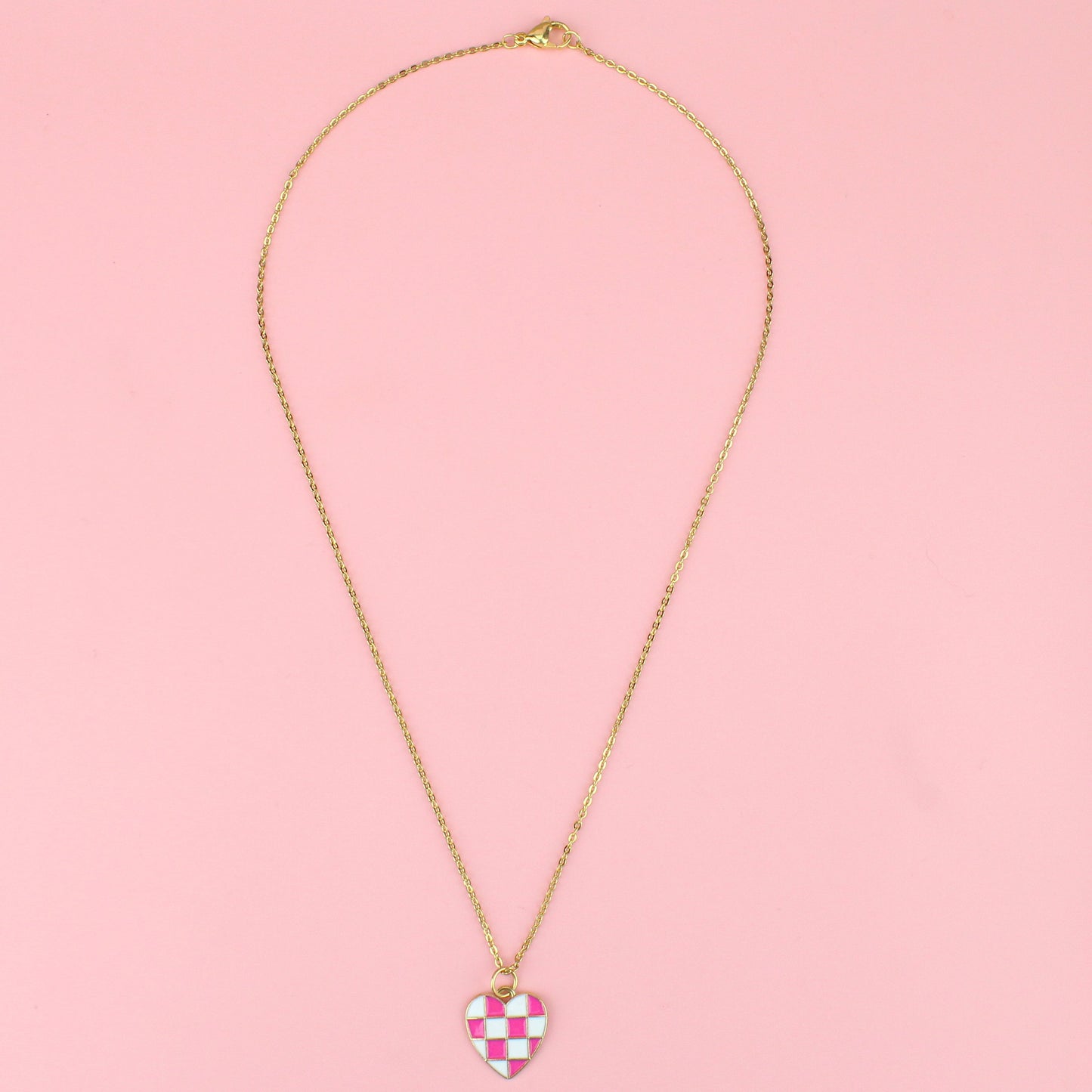 Pink and White Heart Checkerboard Necklace