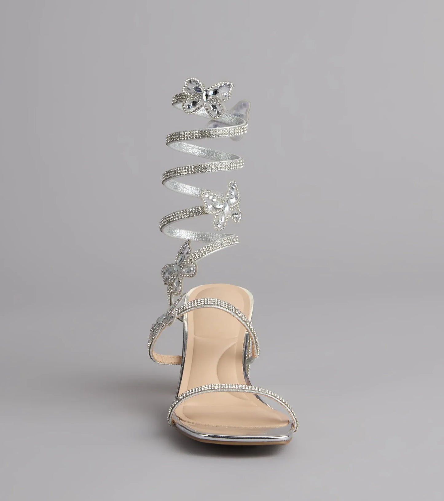 Flutter Up Rhinestone Spiral Strap Heels