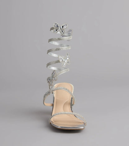 Flutter Up Rhinestone Spiral Strap Heels
