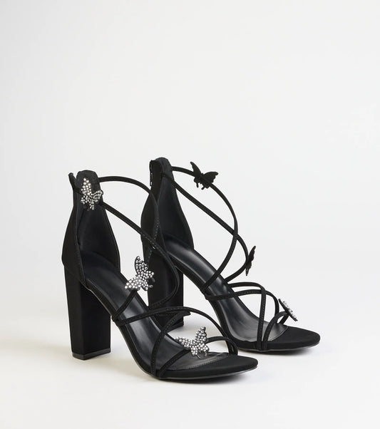 Whimsically Chic Butterfly Rhinestone Block Heels