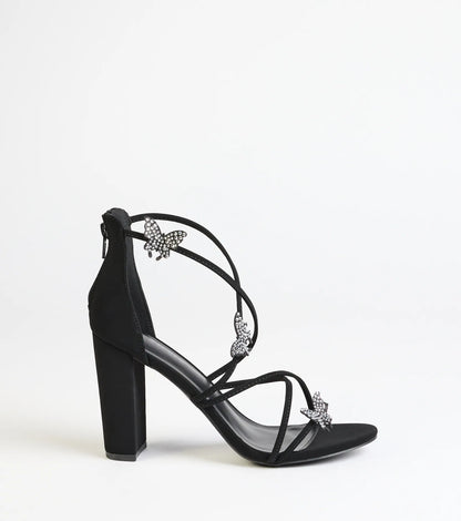 Whimsically Chic Butterfly Rhinestone Block Heels