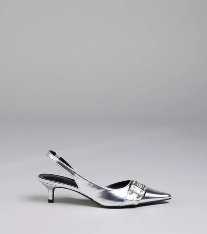Sleek Trendy Buckle Strap Slingback Kitten Heels