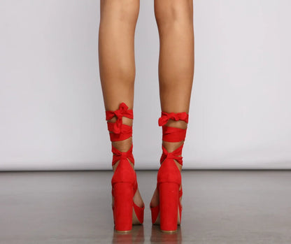 Lace-Up Faux Suede Platform Block Heels