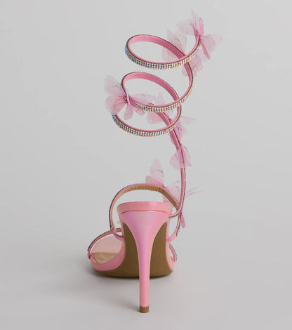Mythical Babe Butterfly Rhinestone Spiral Stiletto Heels