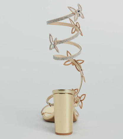 Dreamy Rhinestone Butterfly Spiral Metallic Heels