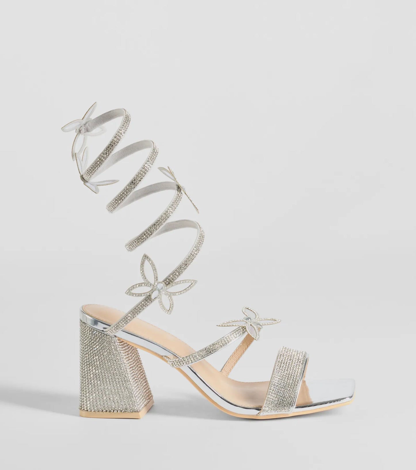Glitzy Rhinestone Butterfly Spiral Strap Block Heels