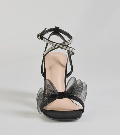 So Lovely Bow Rhinestone Satin Block Heels