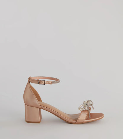 Dazzling Rhinestone Faux Pearl Bow Block Heels