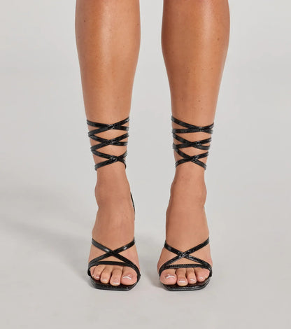 So Sleek Faux Croc Embossed Lace-Up Block Heels