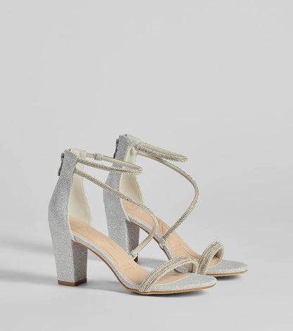 Reigning In Rhinestone Asymmetrical Strap Glitter Heels