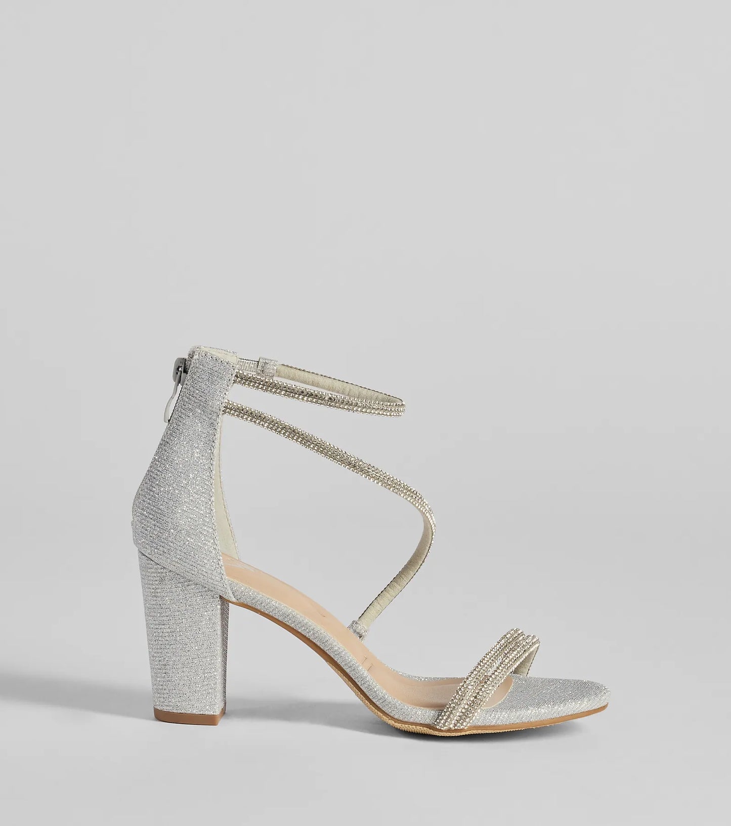 Reigning In Rhinestone Asymmetrical Strap Glitter Heels
