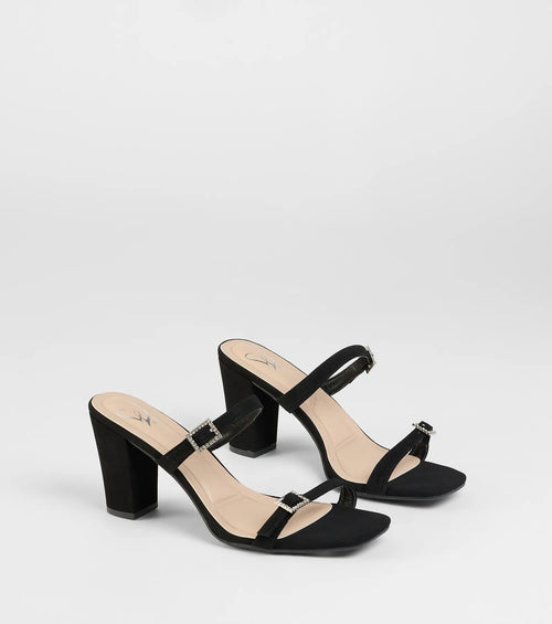 On The Down Low Rhinestone Buckle Mules