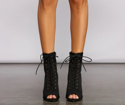 Lace Up Peep Toe Stiletto Heel Booties