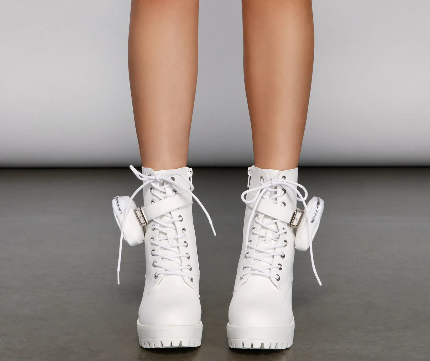 Faux Leather Combat Boots With Pouch