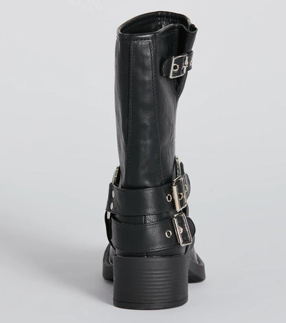 Sleek Deets Strappy Faux Leather Biker Boots