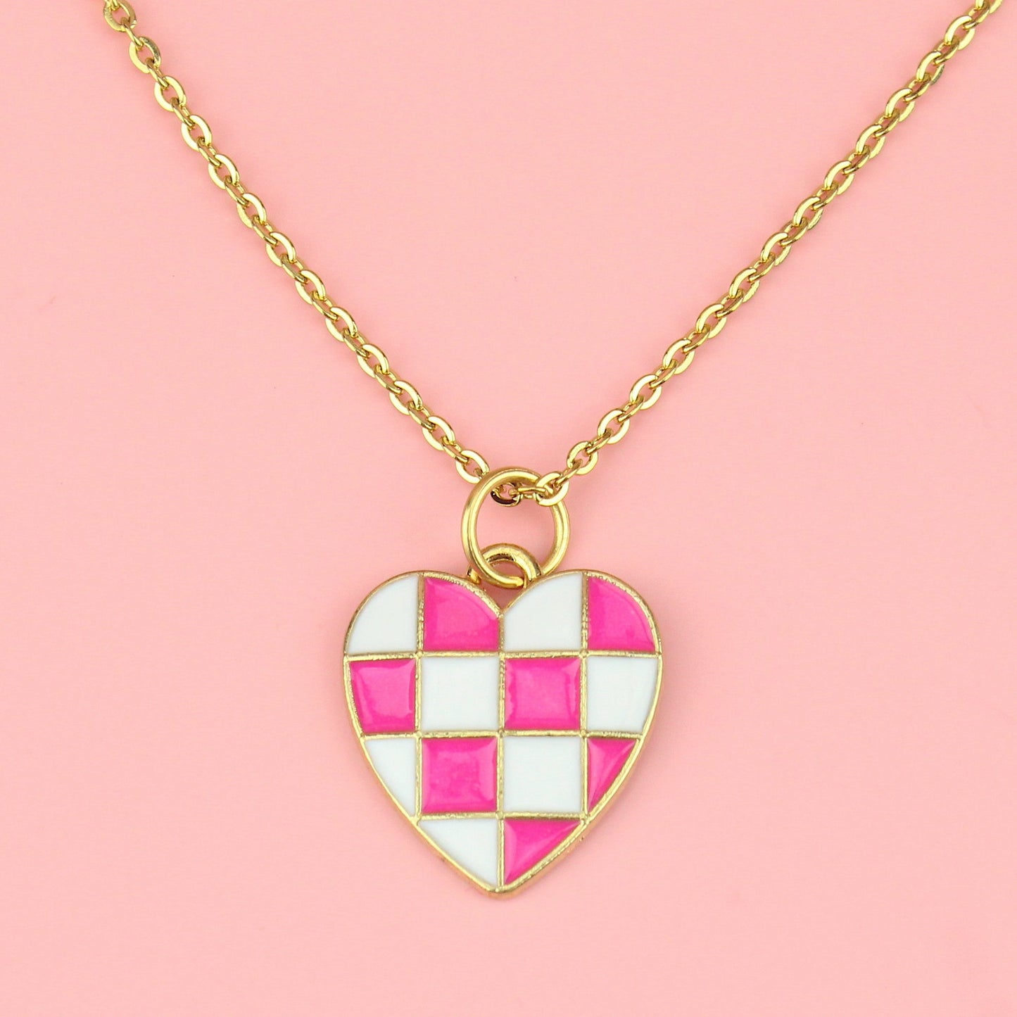 Pink and White Heart Checkerboard Necklace
