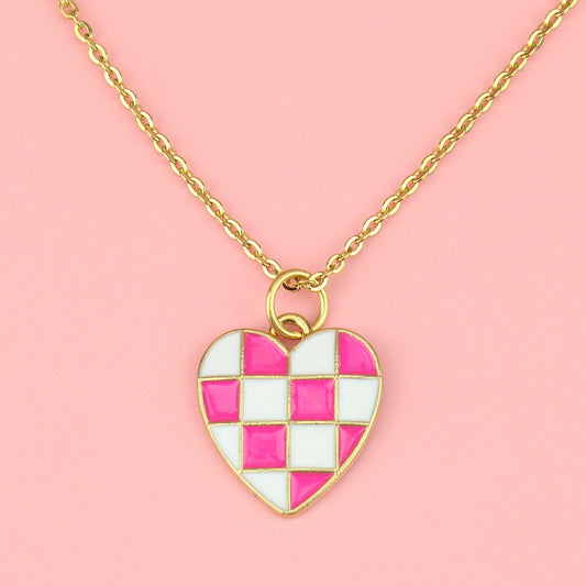 Pink and White Heart Checkerboard Necklace