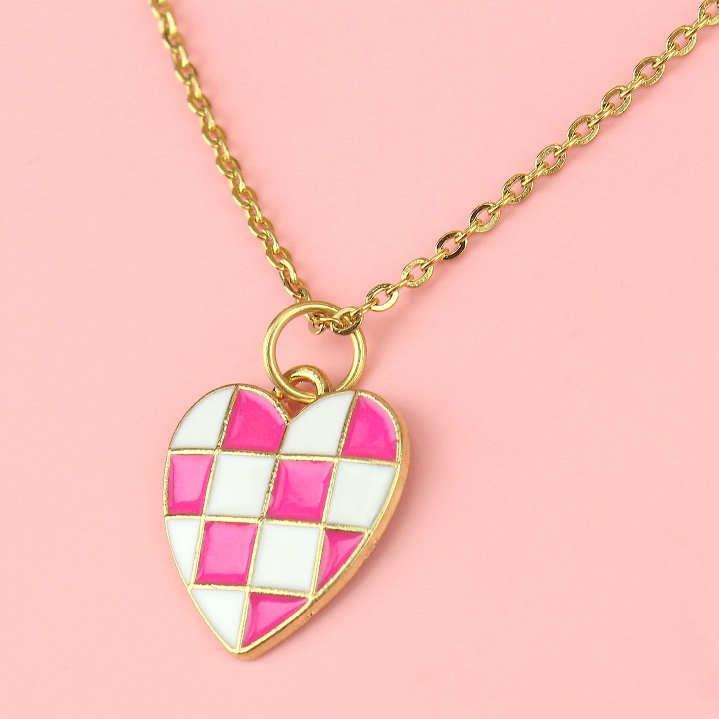 Pink and White Heart Checkerboard Necklace