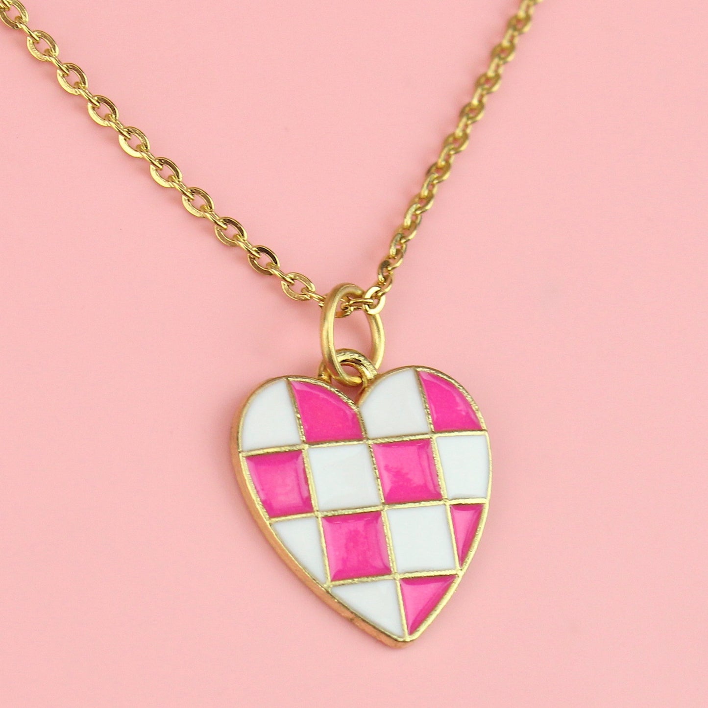 Pink and White Heart Checkerboard Necklace