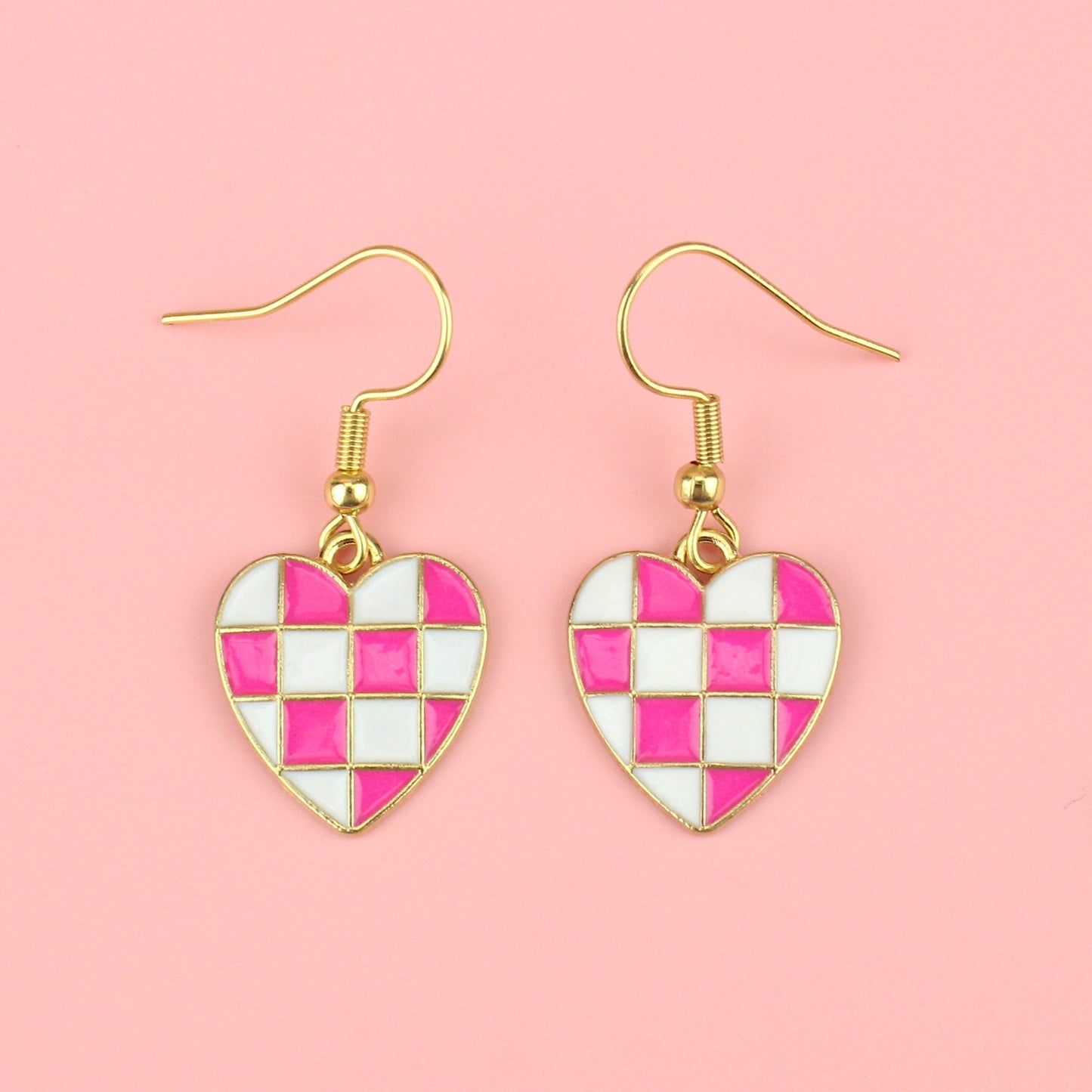 Pink and White Heart Checkerboard Earrings