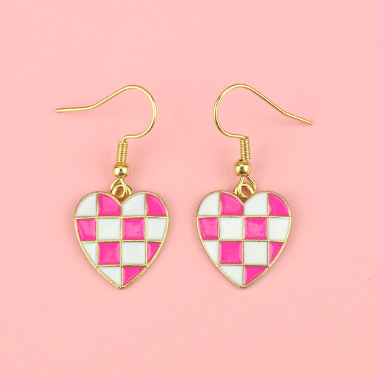 Pink and White Heart Checkerboard Earrings