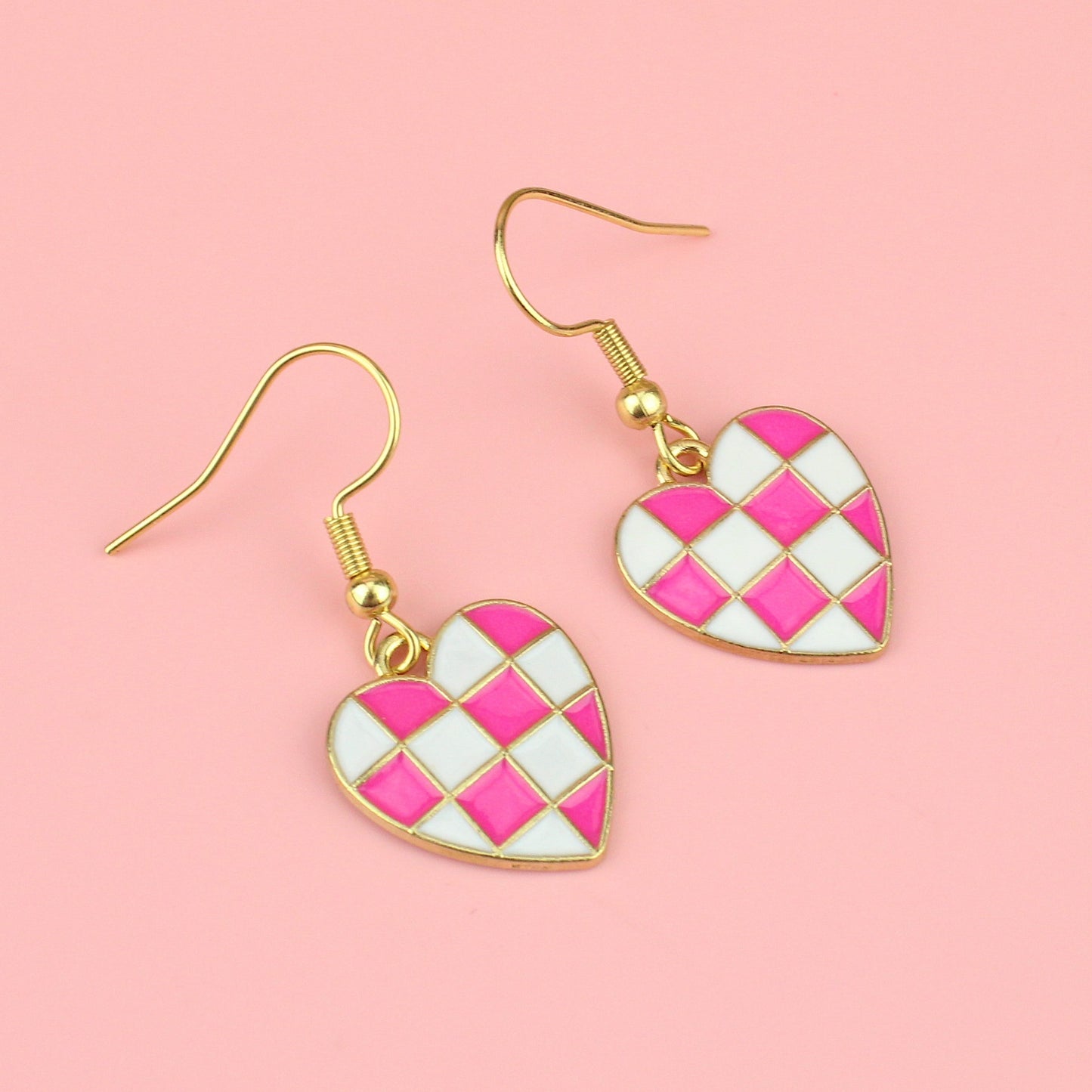 Pink and White Heart Checkerboard Earrings