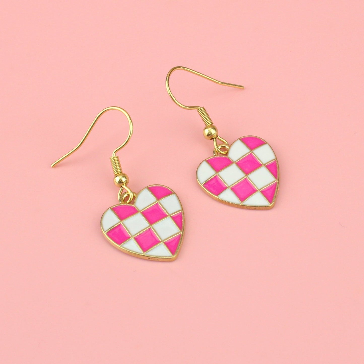 Pink and White Heart Checkerboard Earrings