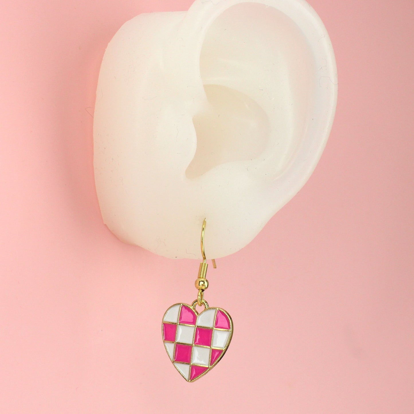 Pink and White Heart Checkerboard Earrings