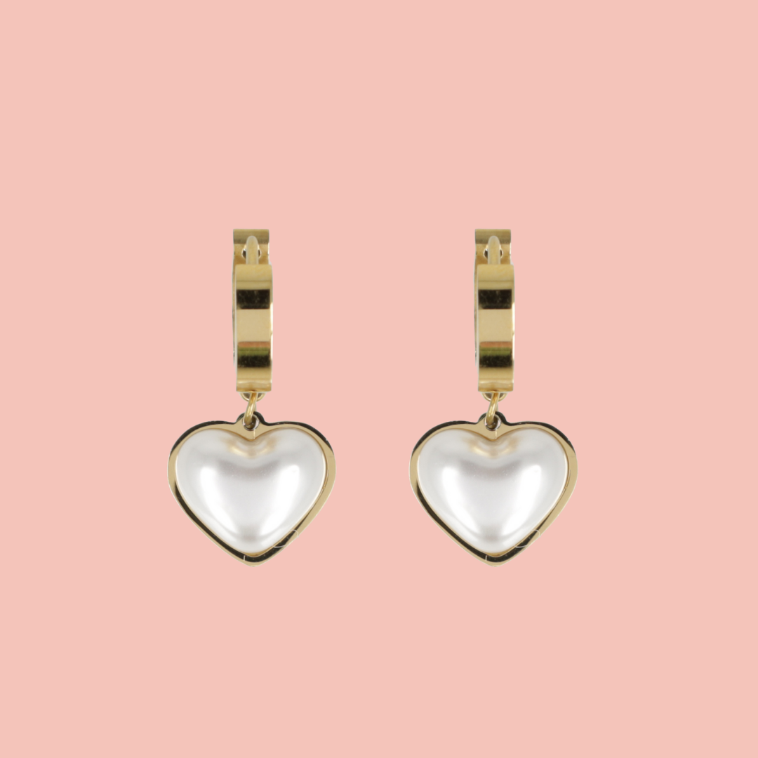 Pearl Heart Huggie Hoop Earrings (Gold Plated)