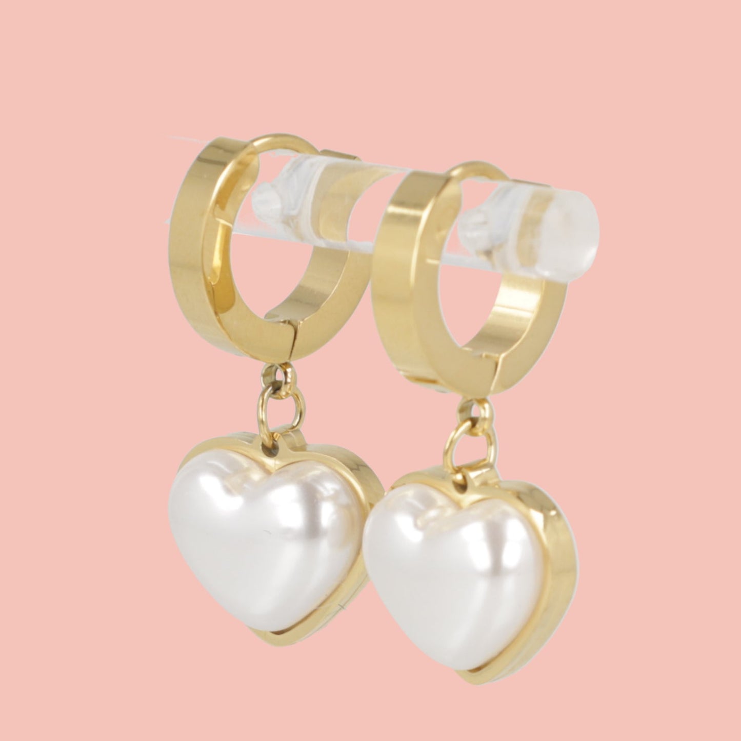 Pearl Heart Huggie Hoop Earrings (Gold Plated)