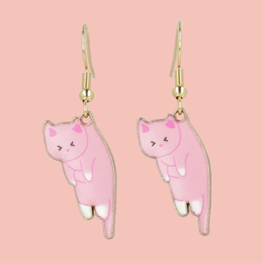 Pink & White Cat Earrings (Gold Plated)