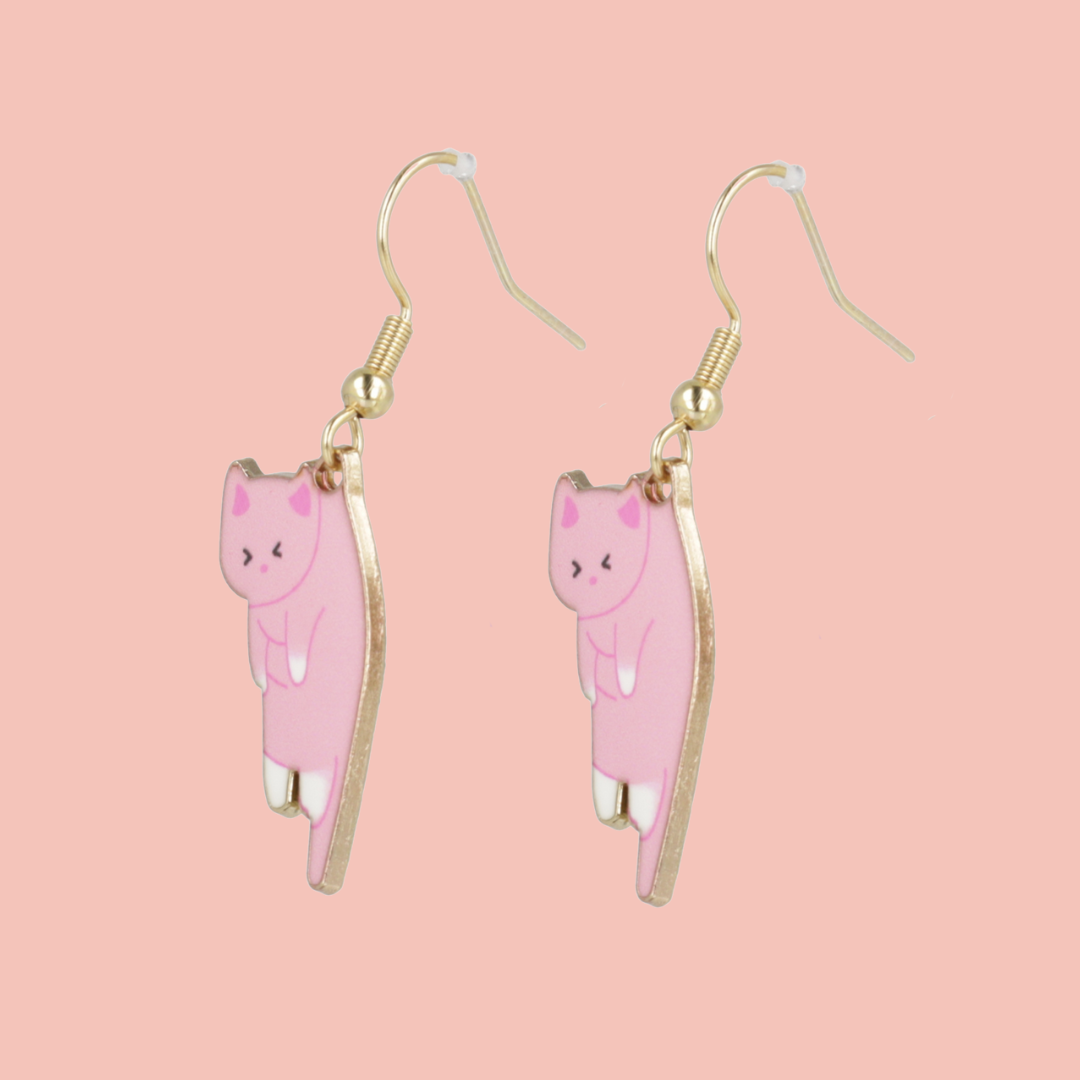 Pink & White Cat Earrings (Gold Plated)