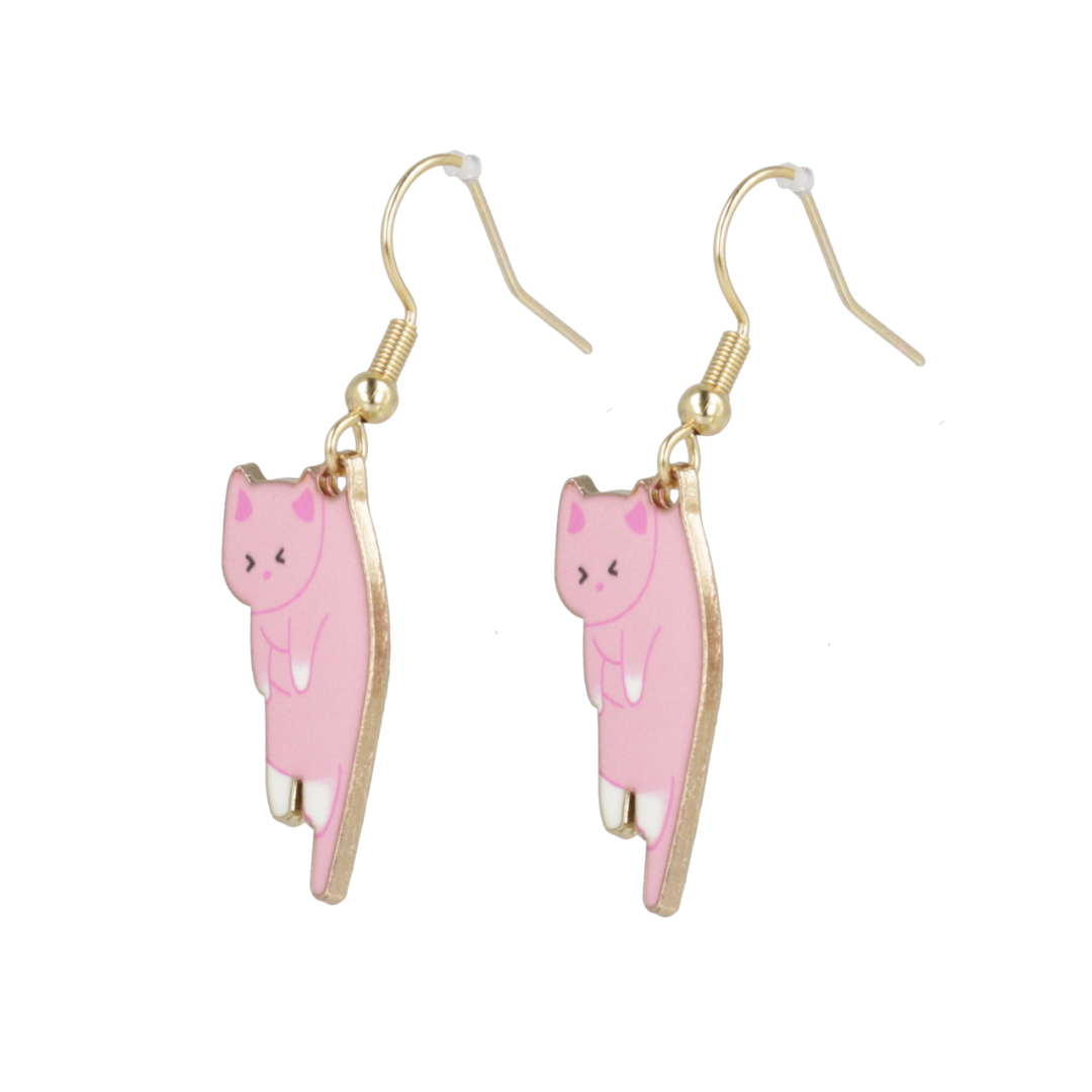 Pink & White Cat Earrings (Gold Plated)