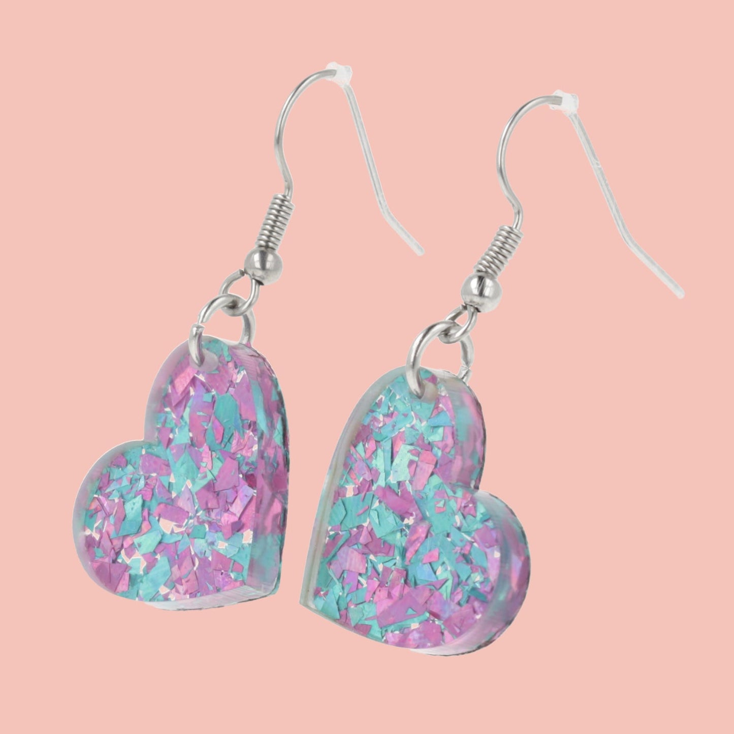 Pink & Blue Confetti Heart Earrings